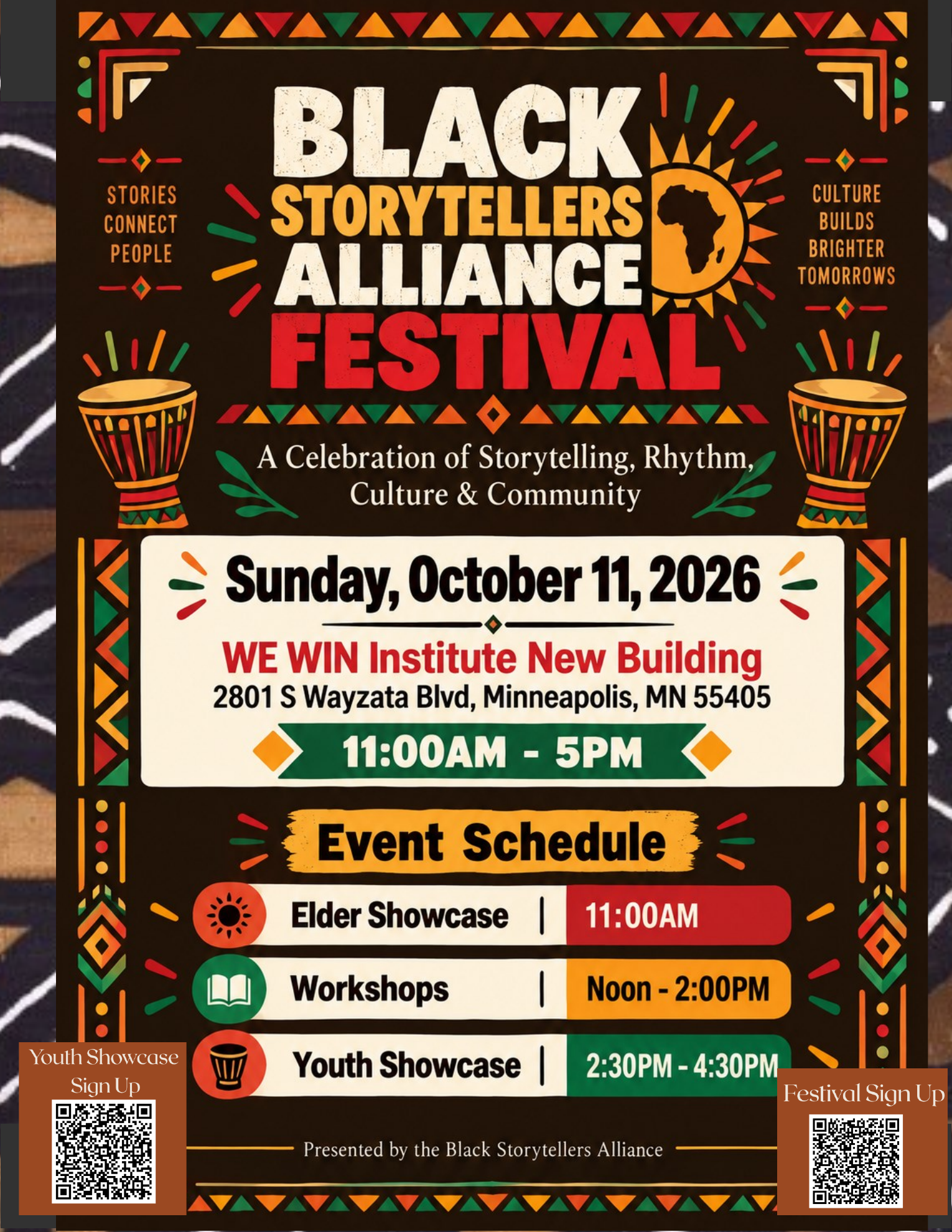 Black Storytellers Alliance Festival 2026 flyer: Sunday, October 11, 2026, 11:00 AM to 5:00 PM at WE WIN Institute, 2801 S Wayzata Blvd, Minneapolis, Minnesota. Elder Showcase at 11:00 AM, Workshops noon to 2:00 PM, and Youth Showcase 2:30 PM to 4:30 PM.