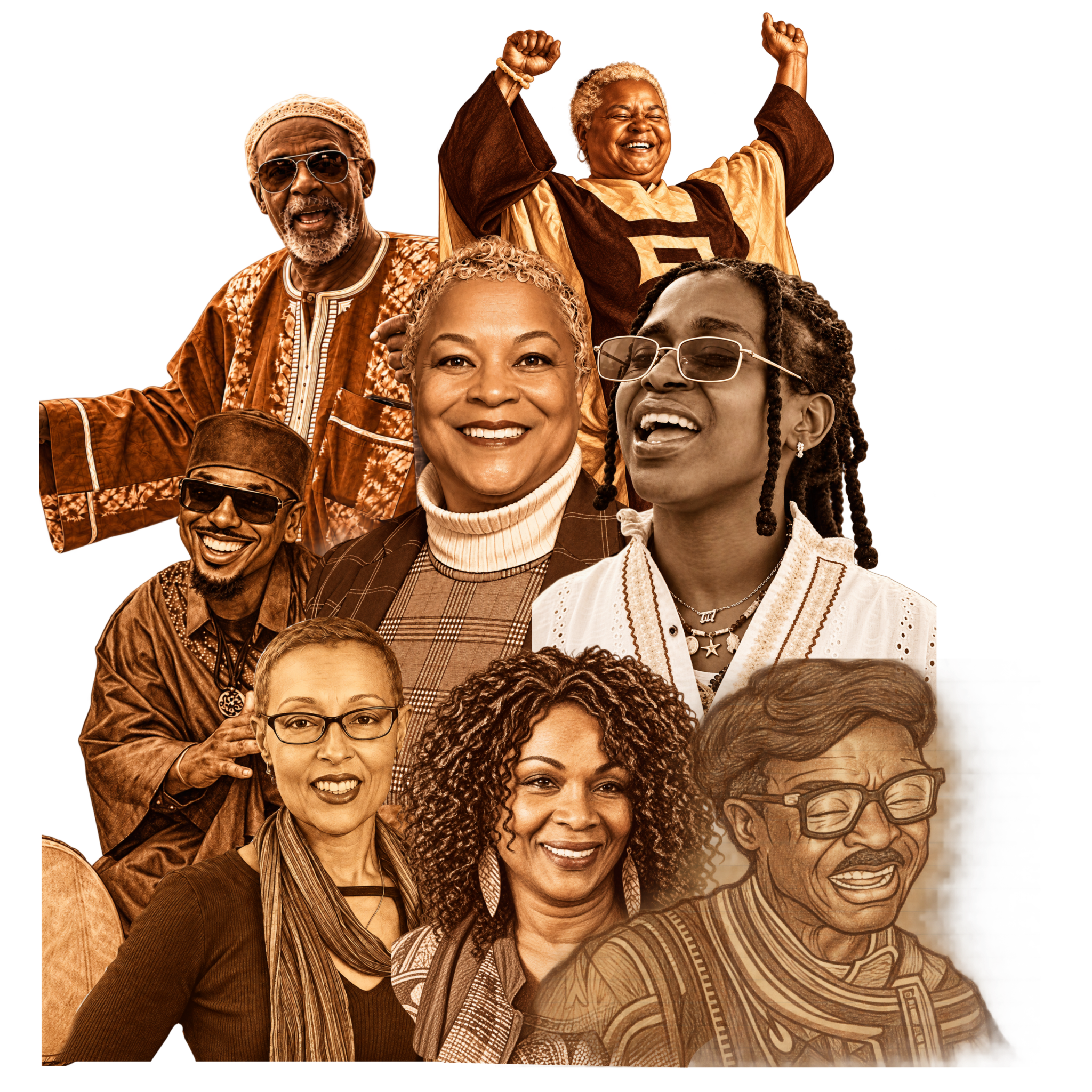Collage of Black storytellers, artists, elders, and culture bearers connected to the Black Storytellers Alliance.