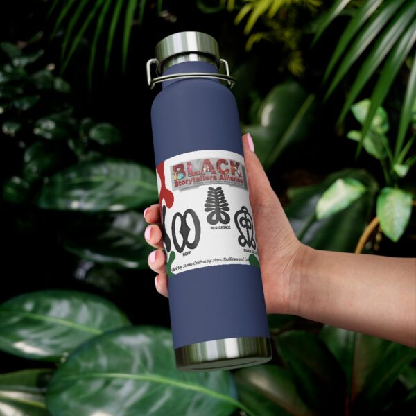 Black Storytellers Alliance Fall 2021 Festival Artwork With Logo And Adinkra Symbols 22oz Vacuum Insulated Bottle