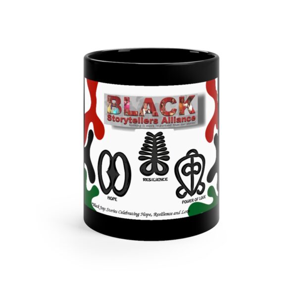 Black Storytellers Alliance Fall 2021 Festival Artwork With Logo And Adinkra Symbols Black Coffee Mug, 11oz