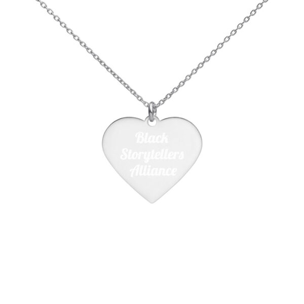 Black Storytellers Alliance Text Engraved Silver Heart Necklace - Image 3