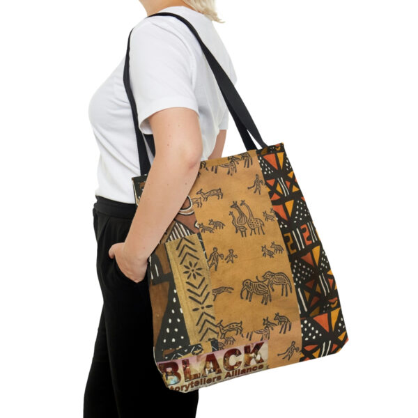 A Woman Carrying a Tribal Printed Tote Bag