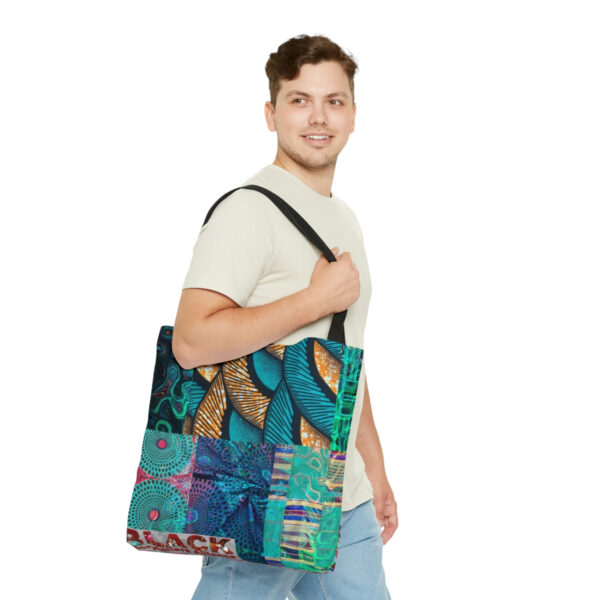 A Man Wearing a Tote Bag in Teal and Blue Themes