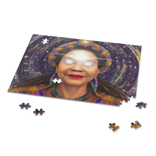 A Puzzle Pieces Set Up for a Woman With Glowing Eyes