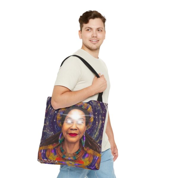 A Man Holding a Colorful Tote Bag