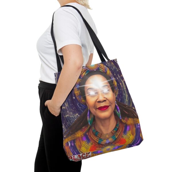 A Woman Holding a Colorful Tote Bag